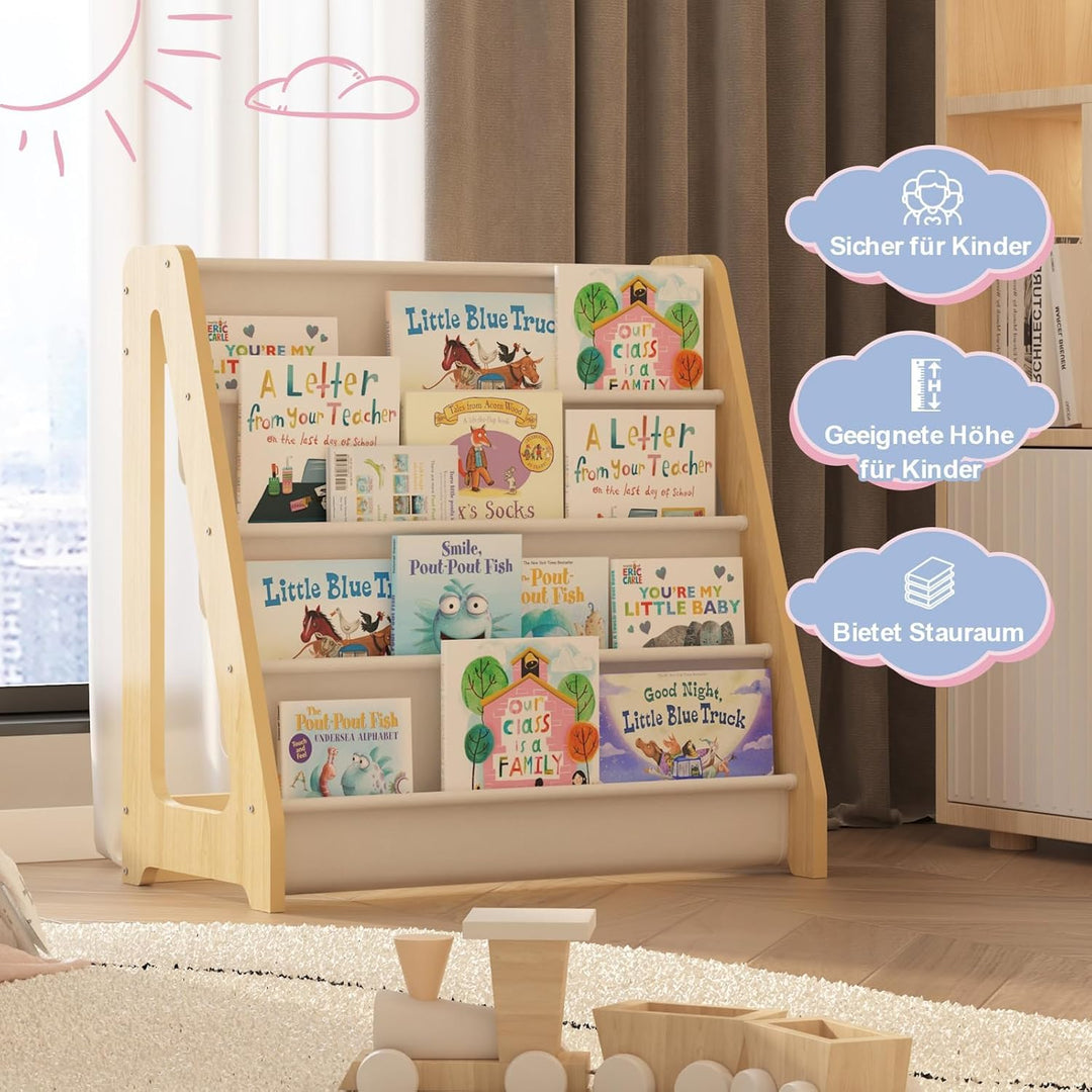 KEEPREAPER Bücherregal Kinder, Kinderregal mit 4 Stofffächern Kinderzimmer Regal 4 Ebenen Bücher-Org