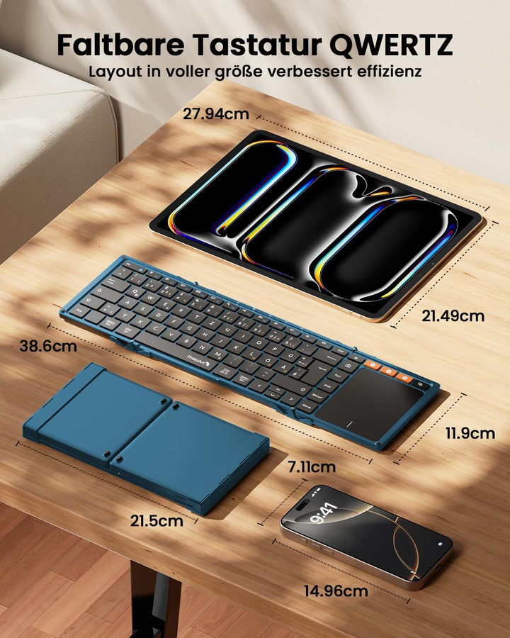 ProtoArc XK01 TP Bluetooth Tastatur Faltbare mit Touchpad - QWERTZ Deutsch mit Trackpad, iPad Tastat