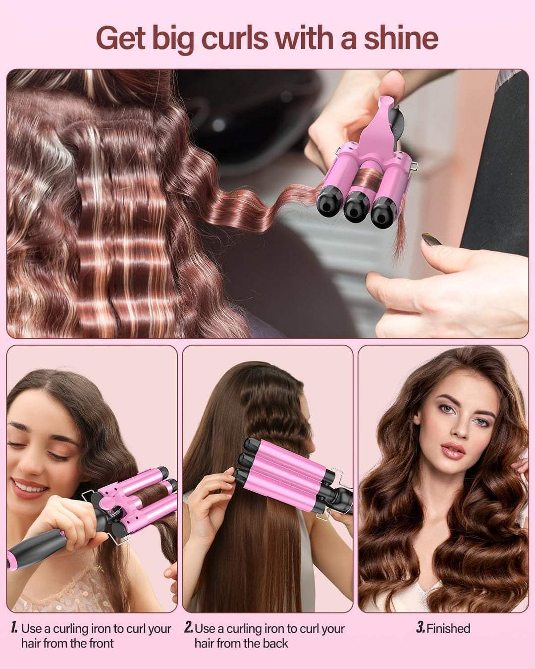 25 mm Welleneisen Haare, 3 Fässer Beach Wave Lockenstab, Keramik Lockeneisen mit 2 Temperaturen 150-