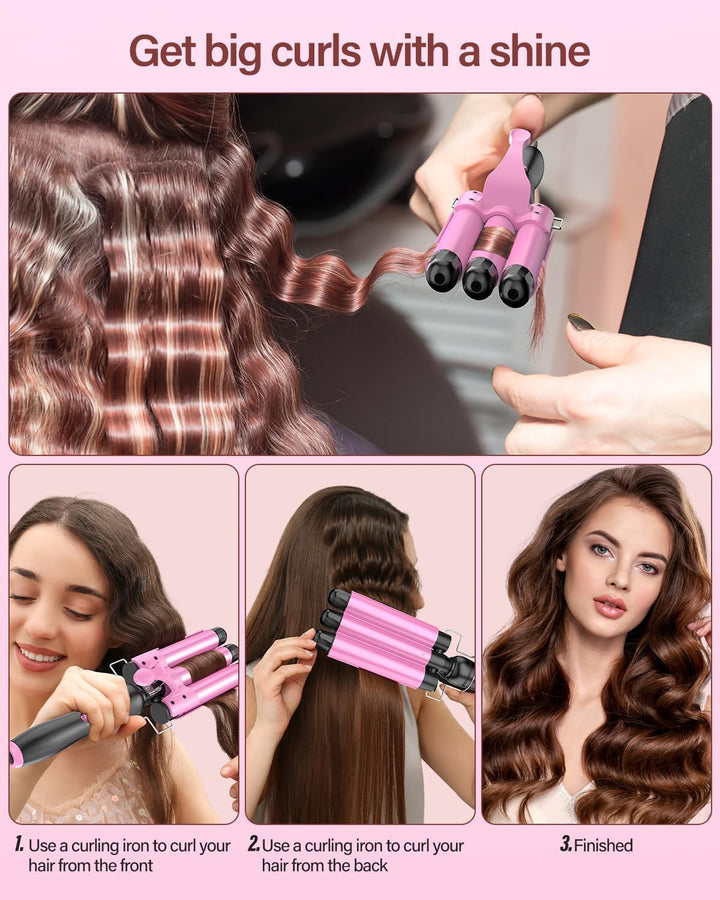 25 mm Welleneisen Haare, 3 Fässer Beach Wave Lockenstab, Keramik Lockeneisen mit 2 Temperaturen 150-