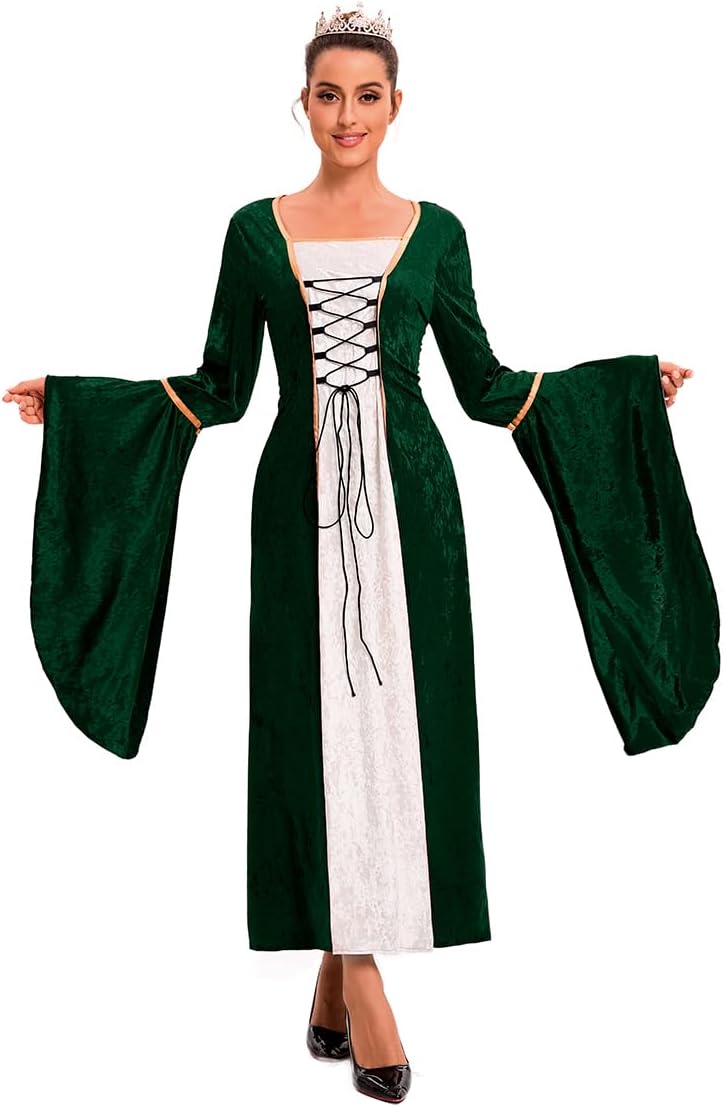 Damen Retro Mittelalter Kleid mit Trompetenärmel, Mittelalterliche Viktorianischen Königin Kleider R