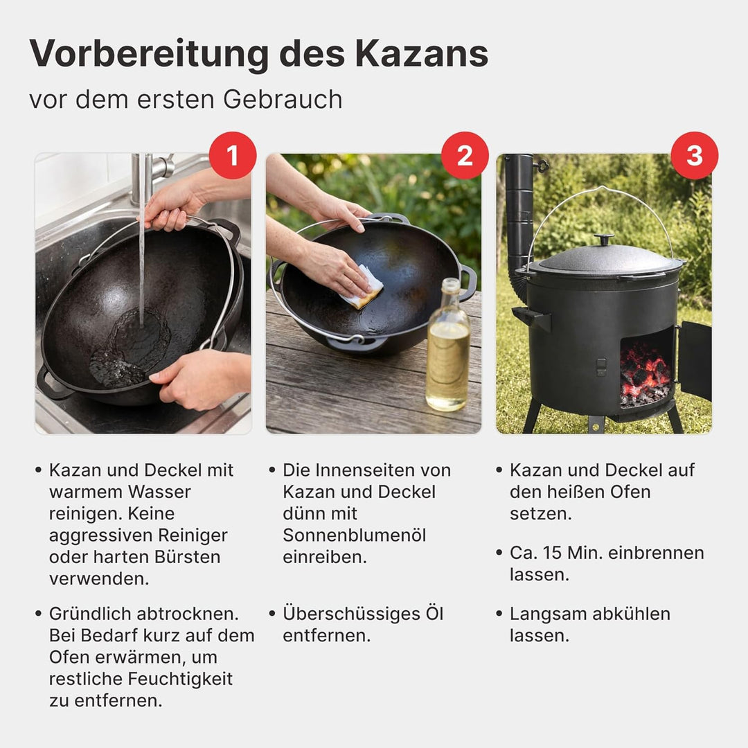 4BIG.fun Schwenktopf Kazan 15 L Camping Gusseisen mit Bügel und Deckel + Schaumkelle Bräter Tatarski