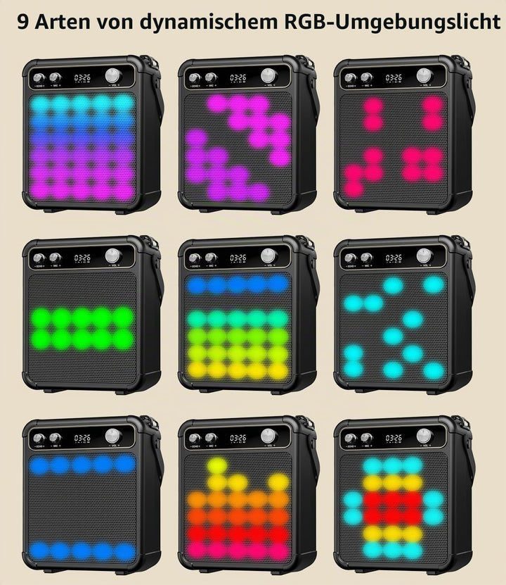 Karaoke Maschine mit 2 Mikrofonen, tragbarer Bluetooth Karaoke System mit LED Lichtern, Stereo TWS,