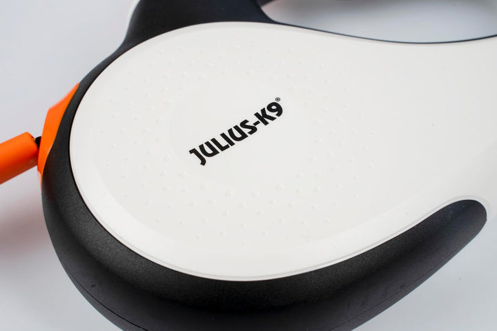 Julius-K9 Rollleine, M - 5 m Band, Weiss/Orange – Rutschfester Griff, Bandleine, ausziehbar, Einhand