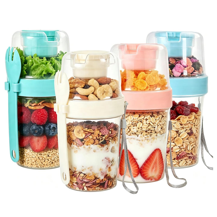 4er Set Müslibecher to Go mit Löffel, Wiederverwendbare Joghurt-Parfait-Becher, Overnight Oats Gläse