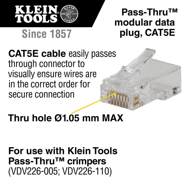 Klein Tools VDV826-702 Modularer Datenstecker, RJ45, CAT5E, Durchgangsstecker, 50 Stück, Klar/Gold,