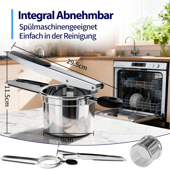 Kartoffelpresse Edelstahl, 405ML | Mit fester Ricer-Scheibe für fluffiges Kartoffelpüree | Silikongr