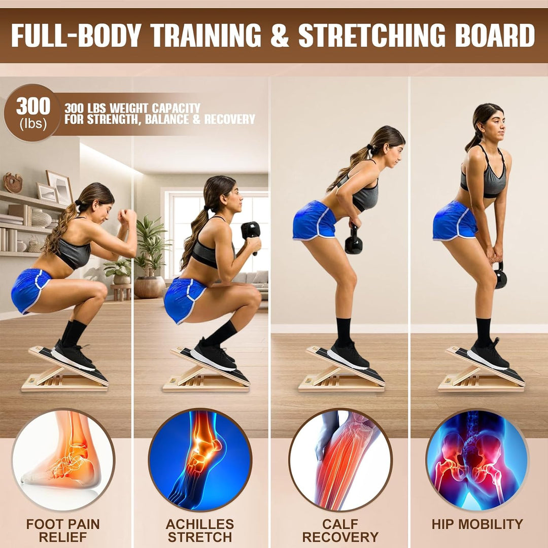 Verstellbares Schrägbrett aus Holz 40 × 30 × 4,5 cm mit 5 elastischen Bändern – rutschfeste Fitness-