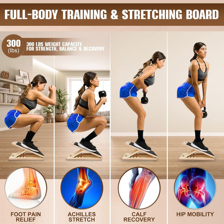 Verstellbares Schrägbrett aus Holz 40 × 30 × 4,5 cm mit 5 elastischen Bändern – rutschfeste Fitness-