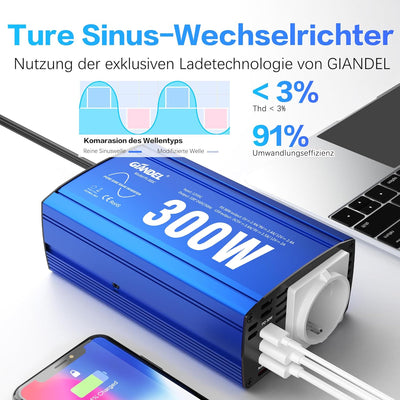 GIANDEL Reiner Sinus Wechselrichter 300W Spannungswandler 12V DC 230V AC Kfz-Adapter mit 4.8A Dual U