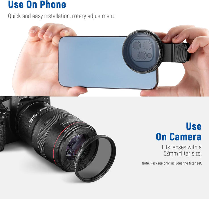 NEEWER 52mm ND+CPL+Effekt Filter Set mit Handy Phone Objektiv Klammer, Polfilter ND32, 6 Punkt Stern