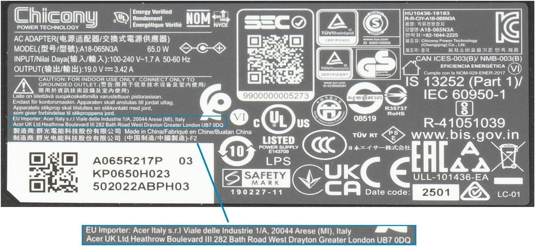 Acer Aspire V3-372 Original Netzteil 65 Watt Flache Bauform