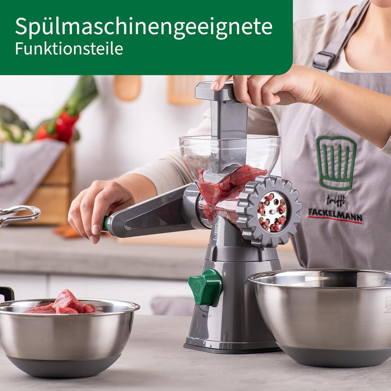 FACKELMANN Chefkoch Fleischwolf mit Gebäckvorsatz – Drehwolf für Fleisch oder als Gebäckpresse zum B