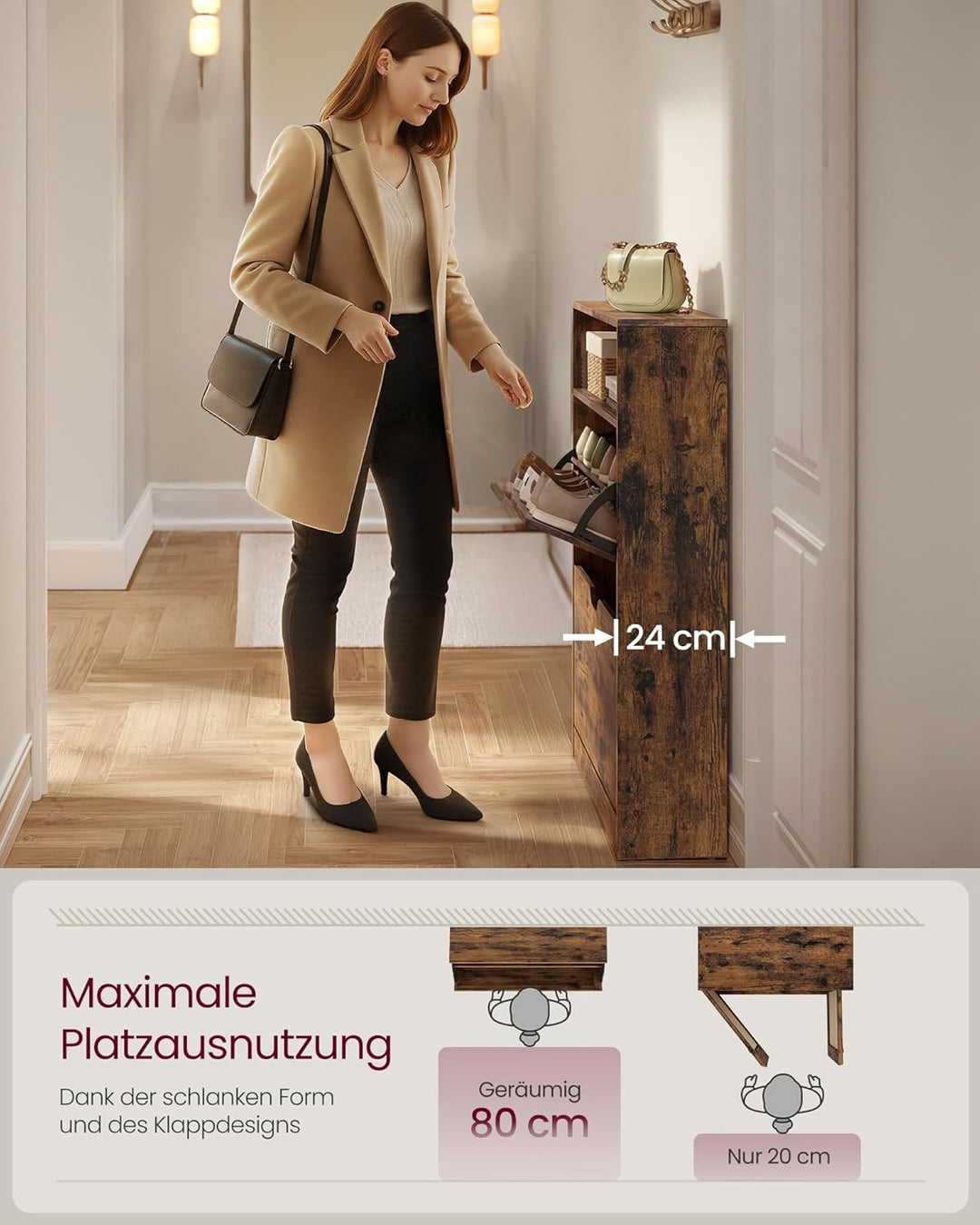 VASAGLE Schuhschrank 2 Klappen, Schuhkipper, Schuhregal, Schuhaufbewahrung, offenes Fach, Trennwand