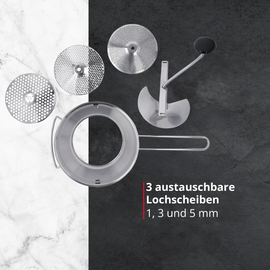 MEISTERKOCH Passiermühle aus Edelstahl 22 cm Durchmesser, 2 Liter Volumen, mit 3 Lochscheiben spülma