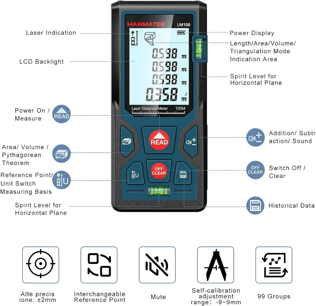Entfernungsmesser, HANMATEK LM100 100M Digitales Laser Entfernungsmesse mit LCD Hintergrundbeleuchtu