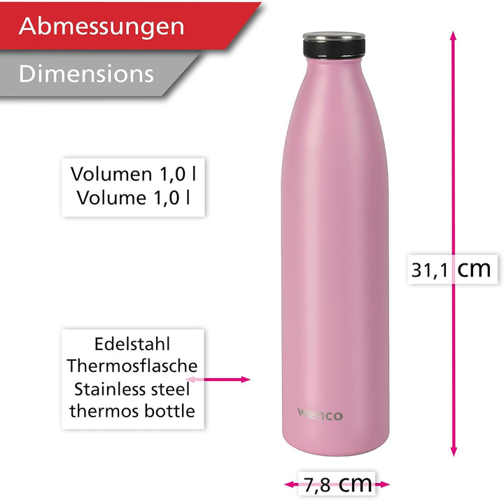 wenco Trinkflasche Edelstahl 1l / 1000ml isoliert und auslaufsicher für kalte und heisse Getränke au
