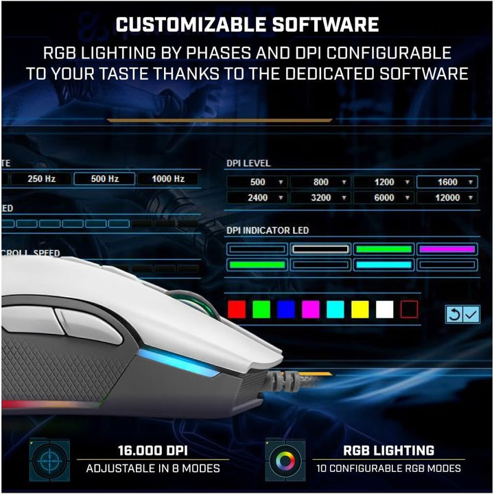 Newskill Eos Ivory Professionelle Gaming-Maus mit RGB-Beleuchtung, 16000 dpi und optischem Sensor Pi