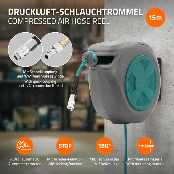 ECD Germany Druckluftschlauchtrommel 15m+1,5m, Automatischer Aufroller mit Arretierfunktion, Schnell