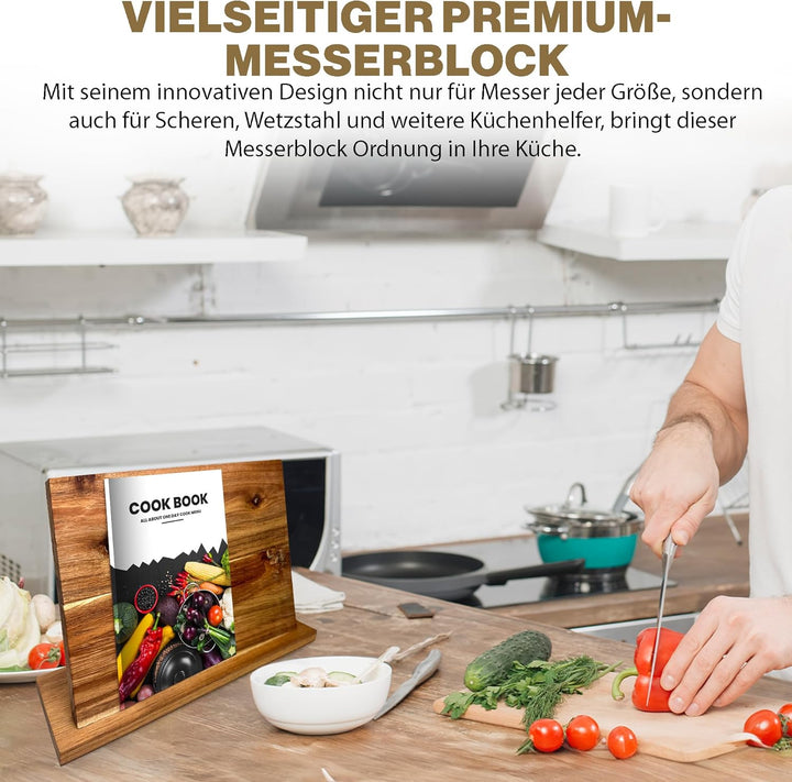 TOPANBIETER 999 Magnetischer Messerblock aus Akazienholz - Doppelseitig nutzbar, Kochbuchhalter & Me