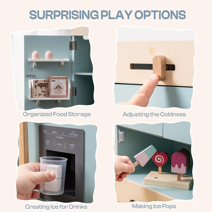 ROBUD Kühlschrank aus Holz - Realistisch und interaktiv mit Eiswürfelbereiter und Lebensmittel-Spiel
