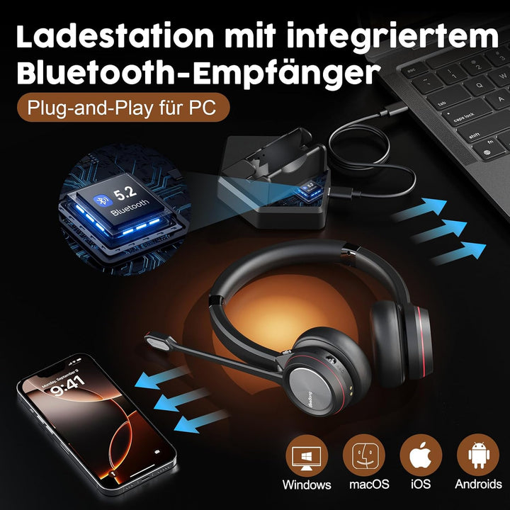 Bluetooth Headset mit Mikrofon Noise Canceling, Wireless Headset mit Ladestation &amp; USB Dongle für PC