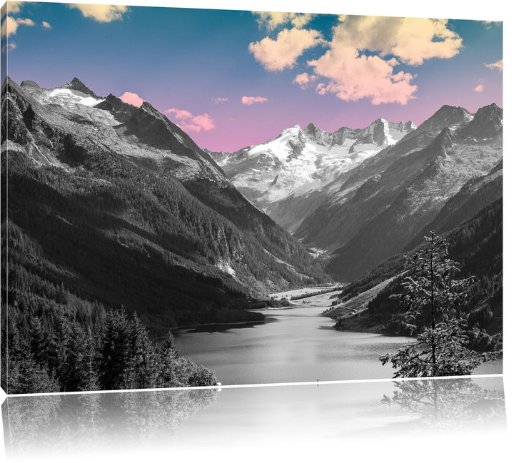 ruhiger See in verschneiter Berglandschaft schwarz/weiss Format: 100x70 auf Leinwand, XXL riesige Bi