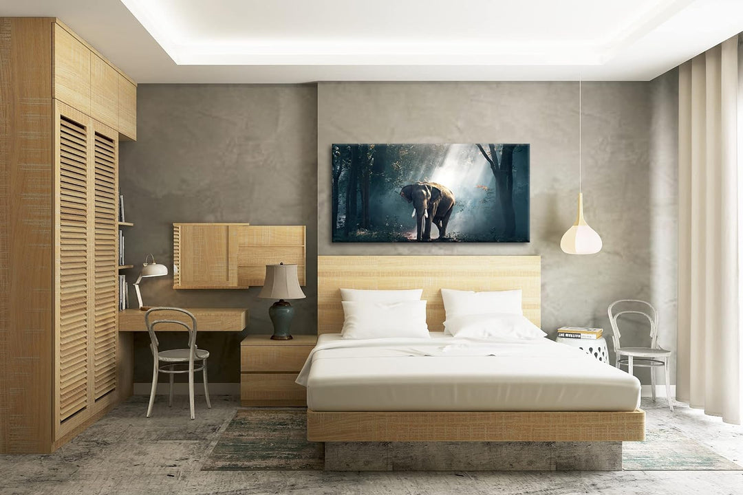 stolzer Elefant im Wald Panorama 120x60 cm als Leinwandbild, Motiv fertig gerahmt auf Echtholzrahmen