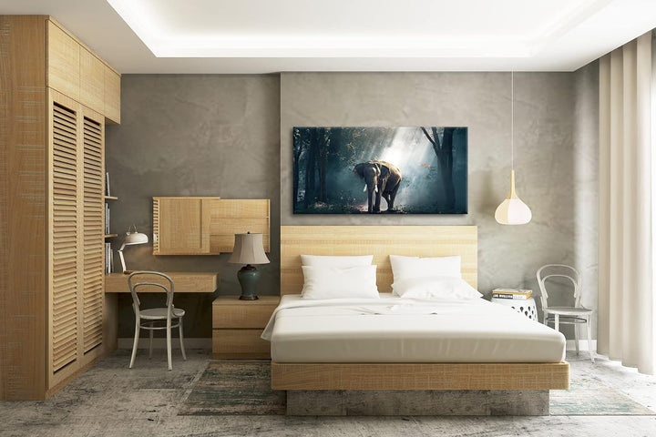stolzer Elefant im Wald Panorama 120x60 cm als Leinwandbild, Motiv fertig gerahmt auf Echtholzrahmen