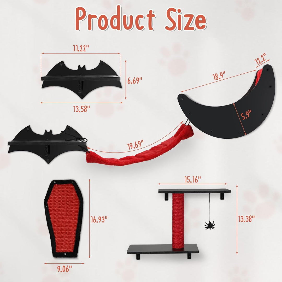 Gothic Katzen Wandregal Set, 7-teilig – Wandmontierter Kletterbaum für Katzen mit Brücke, Leiter, St