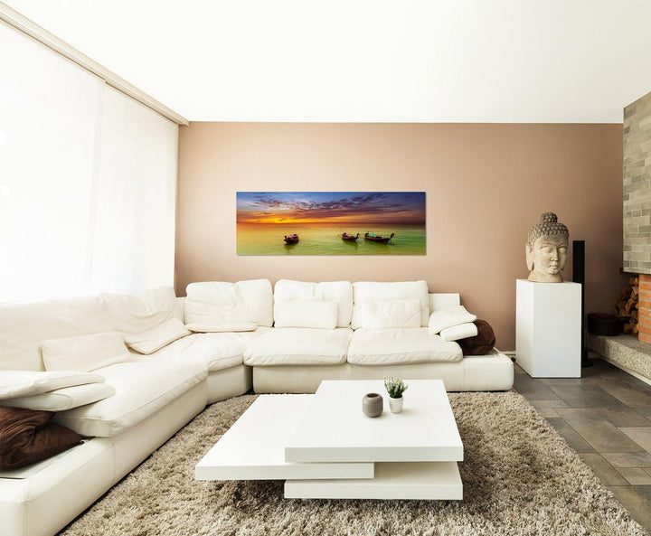 Paul Sinus Art Panoramabild auf Leinwand und Keilrahmen 150x50cm Thailand Strand Meer Boote Abendrot