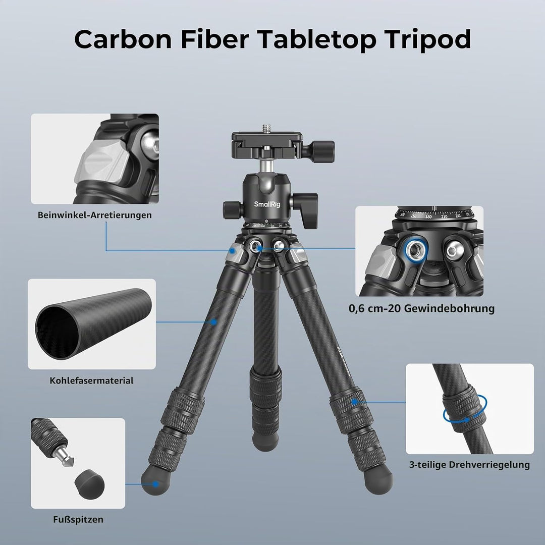 SMALLRIG Mini-Tischstativ aus Kohlefaser, Trípode 395mm/15,5Zoll kompaktes Tischstativ-Set im Tasche