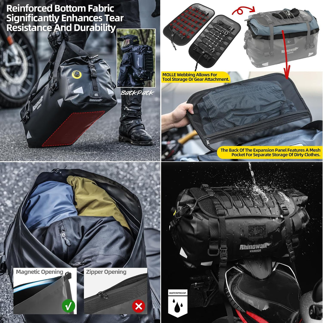 Rhinowalk Motorrad Hecktasche 40L – wasserdichte Gepäcktasche mit Erweiterungs-Panel, MOLLE-System &amp;