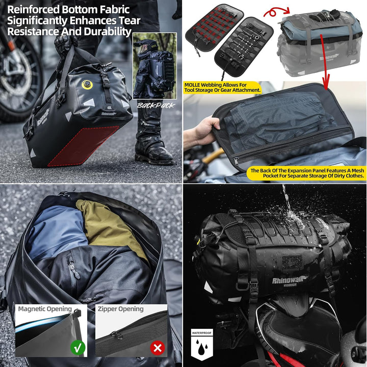 Rhinowalk Motorrad Hecktasche 40L – wasserdichte Gepäcktasche mit Erweiterungs-Panel, MOLLE-System &amp;