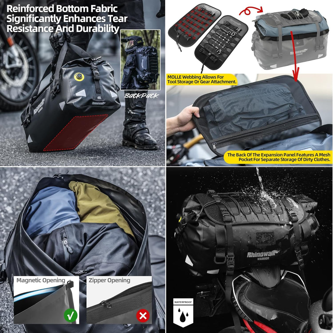 Rhinowalk Motorrad Hecktasche 40L – wasserdichte Gepäcktasche mit Erweiterungs-Panel, MOLLE-System &