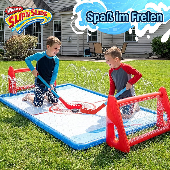 Wham-O Slip N Slide Wasser-Kniehockey-Set mit 2 aufblasbaren Toren, 2 Schlägern und 1 Puck für Garte