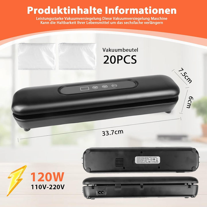 Vakuumiergerät, Vakuumierer für Lebensmittel mit 20 Vakuum Beutel, Folienschweissgerät für Trockene,