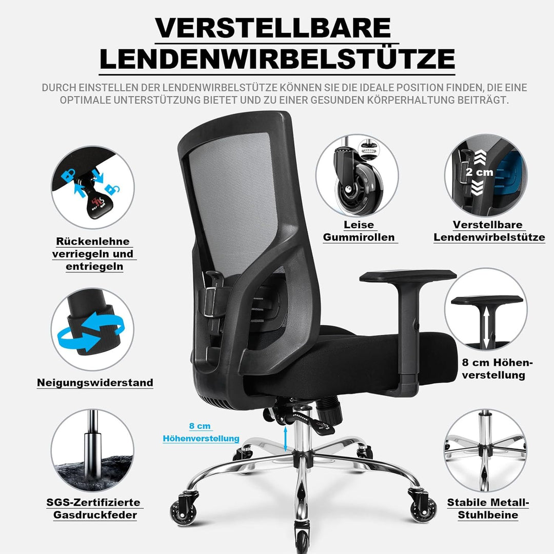 MELOKEA Bürostuhl 200KG XL [Lendenkissen Inklusive], Bürostuhl Ergonomisch 56 cm Sitzkissen, 56 cm S