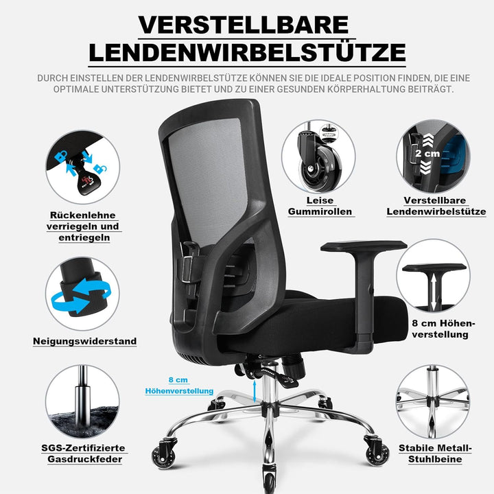 MELOKEA Bürostuhl 200KG XL [Lendenkissen Inklusive], Bürostuhl Ergonomisch 56 cm Sitzkissen, 56 cm S