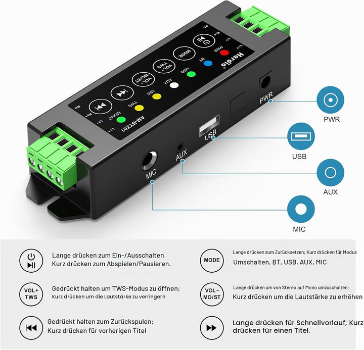 Herdio 4-Kanal-Verstärker Bluetooth 5.0 Amp Receiver 200W Ausgangsleistung mit 24V5A AC-DC Netzteil
