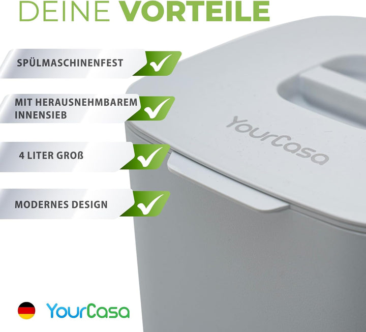 YourCasa Biomülleimer Küche 4L - Komposteimer mit herausnehmbarem Sieb & Deckel - geruchsdicht, spül