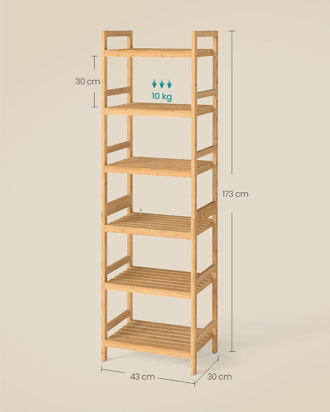 SONGMICS Bambus Regal, Küchenregal, Badregal, Bücherregal, Standregal mit 6 Ablagen, 43 x 30 x 173 c