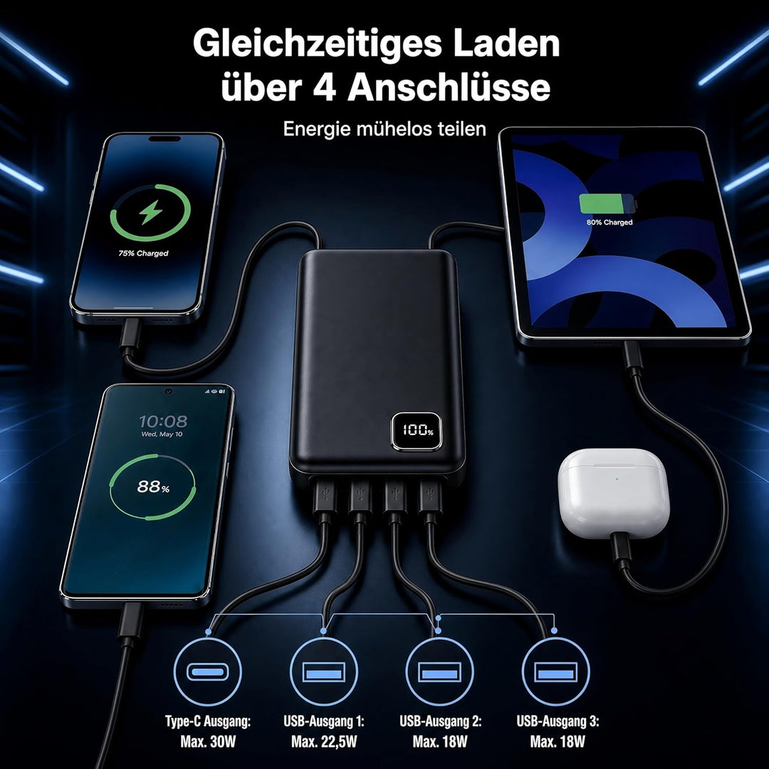 Powerbank 50000mAh Grosse Kapazität, 22.5W Power Bank Schnellladung mit 4 Ausgänge &amp; 2 Eingänge, Tra