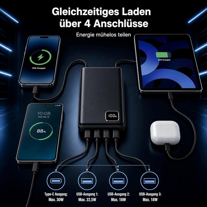 Powerbank 50000mAh Grosse Kapazität, 22.5W Power Bank Schnellladung mit 4 Ausgänge &amp; 2 Eingänge, Tra