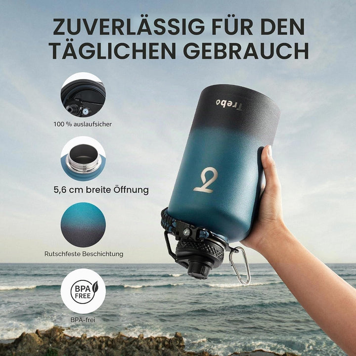 Thermosflasche mit Strohhalm 2L, Trebo Trinkflasche Edelstahl mit Paracord-Griff & 3 Deckeln, Edelst