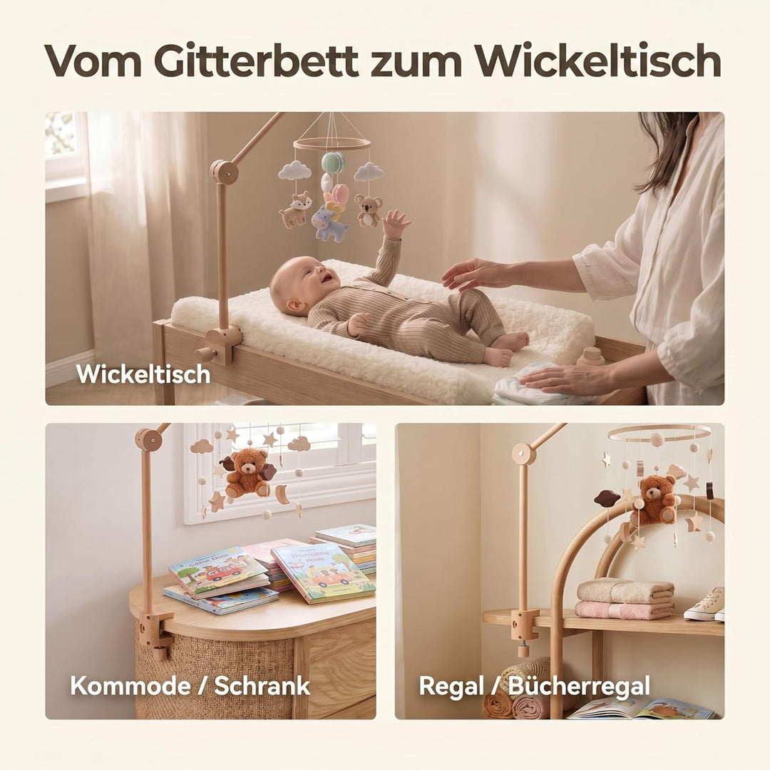 let's make Mobile Verbesserte Version Halterung Holz für Babybet, Höhenverstellbarer & 360° Drehbare