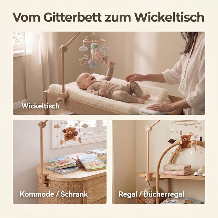 let's make Mobile Verbesserte Version Halterung Holz für Babybet, Höhenverstellbarer & 360° Drehbare