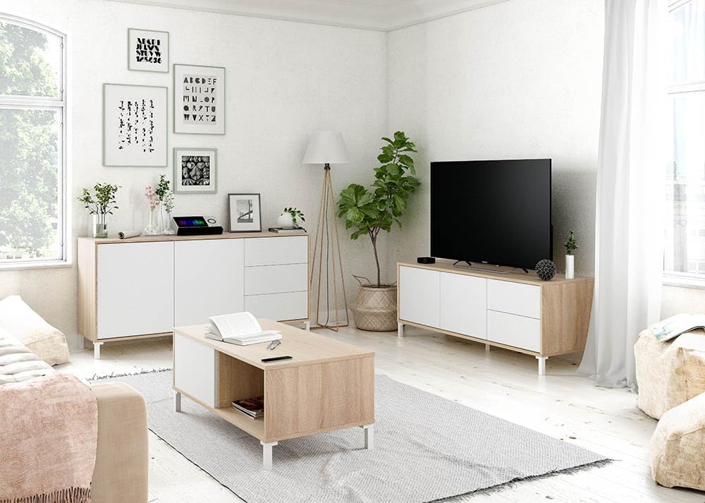 Wohnzimmer-Couchtisch mit einer Schublade und einem Tagesfach, Farbe Weiss und Eiche, 100 x 40 x 50