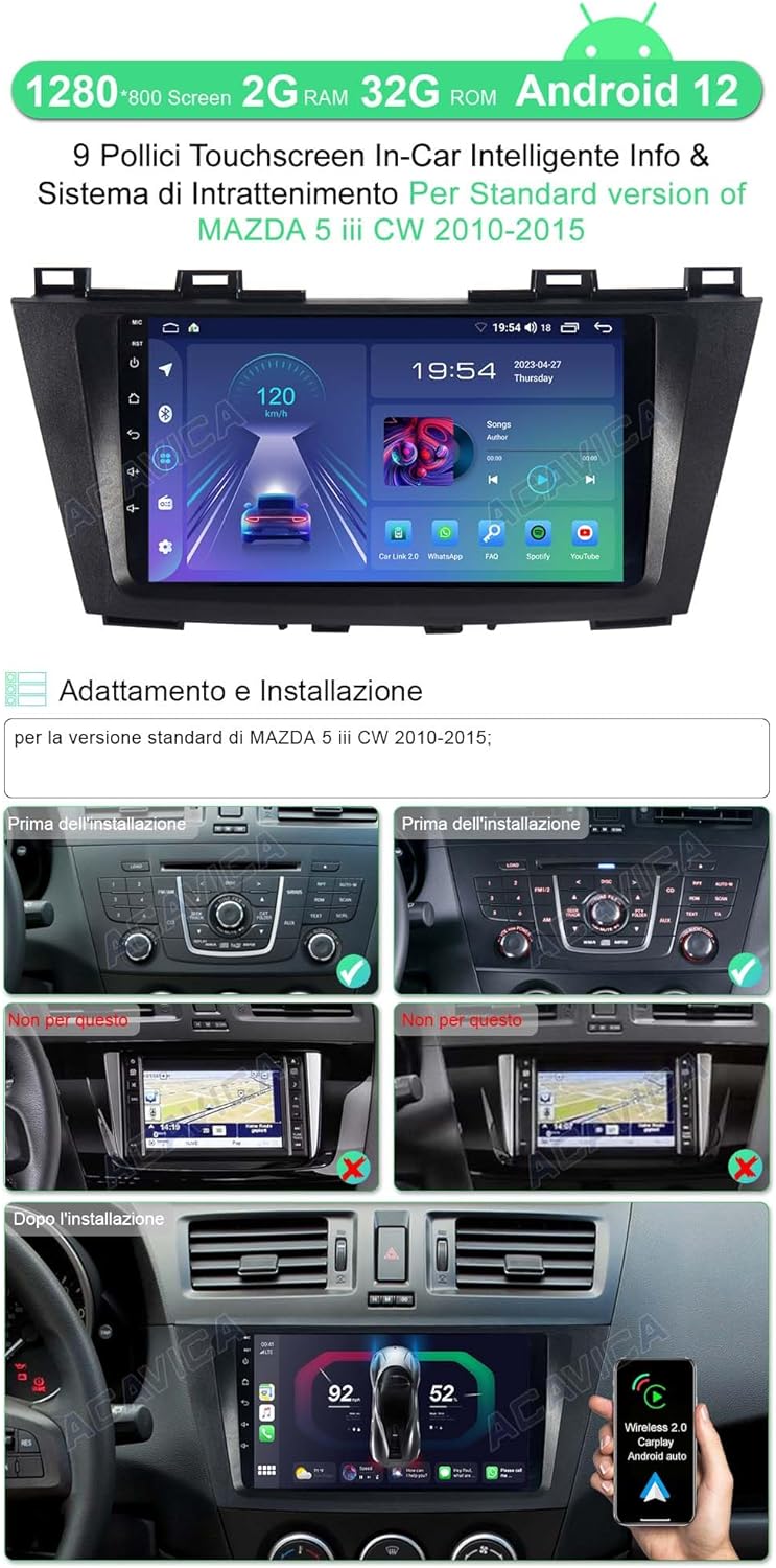 ACAVICA 2+32GB 9 Zoll Android 12 Radio für Mazda 5 iii CW 2010-2015 GPS Navigator Sat NAV mit Wirele