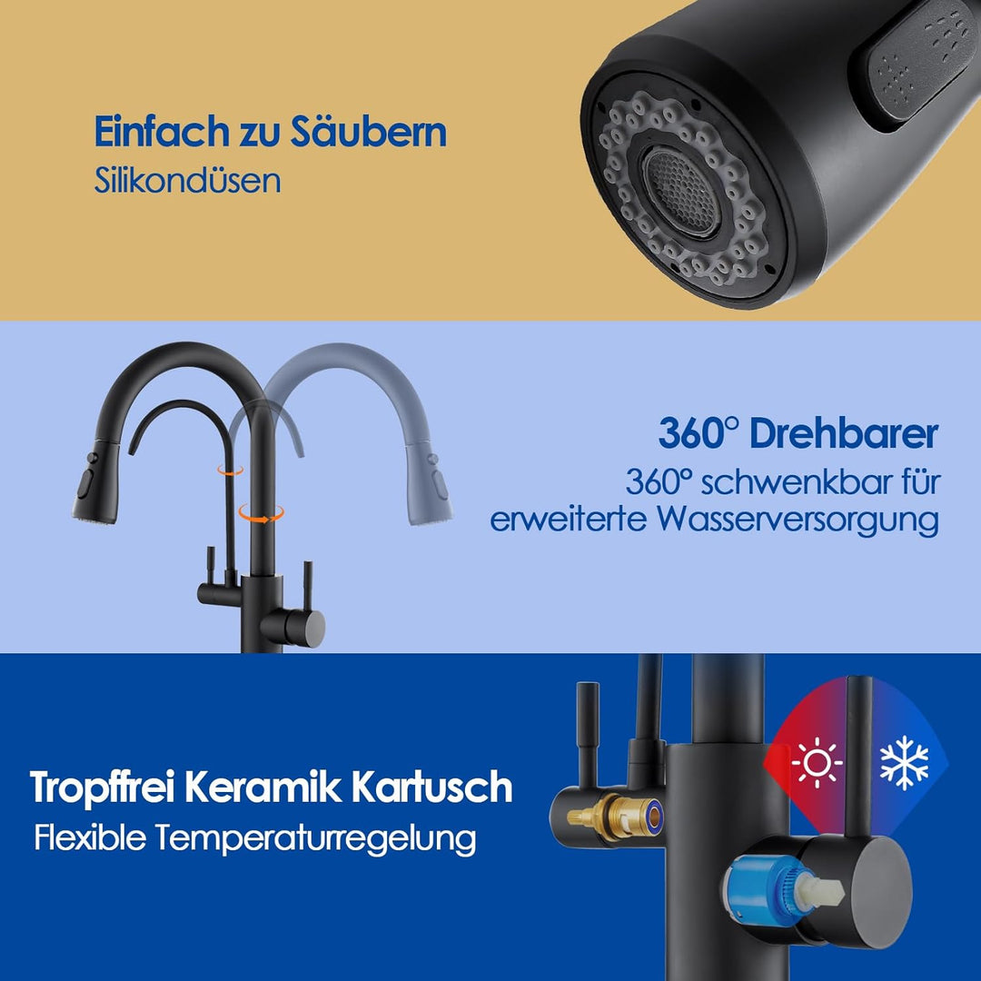 ROVOGO 3 Wege Wasserhahn Küche mit Filter, Küchenarmatur Schwarz Hochdruck mit Brause Ausziehbar, 36